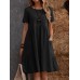 Solid Short Sleeve Pocket Crew Neck Vintage Dress