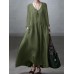 Solid Long Sleeve Pocket V  neck Dress For Women