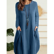 Solid Dual Pocket Long Sleeve Crew Neck Vintage Dress