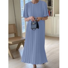 Solid Pleated Short Sleeve Crew Neck Casual Dress