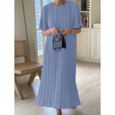 Solid Pleated Short Sleeve Crew Neck Casual Dress