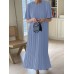 Solid Pleated Short Sleeve Crew Neck Casual Dress