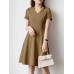 Solid A  line Short Sleeve V  neck Dress For Women