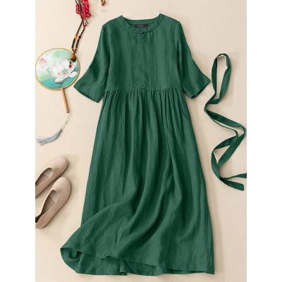 Solid Frog Button Half Sleeve Vintage Dress With Belt