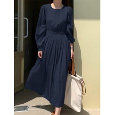 Solid Puff Sleeve Pleated Crew Neck Casual Dress