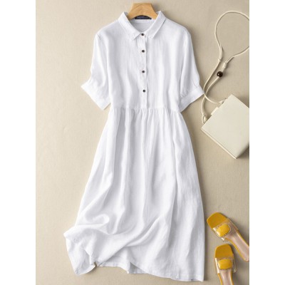 Solid Button Front Lapel Short Sleeve Women Dress