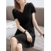 Solid A  line Short Sleeve V  neck Dress For Women