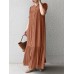 Solid Button Front Ruched Short Sleeve Crew Neck Maxi Dress