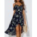 Random Floral Print Ruffle Slit Cold Shoulder Short Sleeves Dress