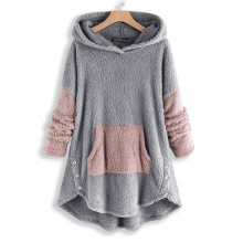 Women Contrast Color Splice Irregular Hem Hooded Fleece Sweatshirt Coats