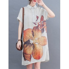 Flower Print Pocket Button Front Lapel Short Sleeve Shirt Dress