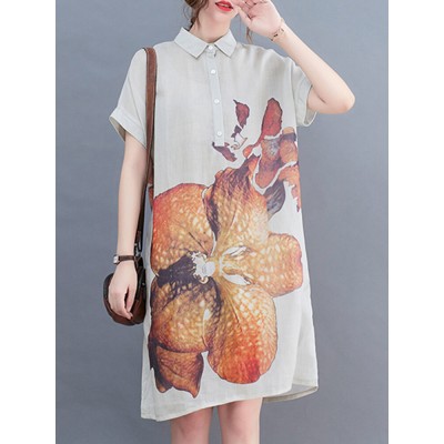 Flower Print Pocket Button Front Lapel Short Sleeve Shirt Dress