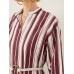 Stripe Pattern Double Slit Hem Long Sleeve Stand Collar Dress