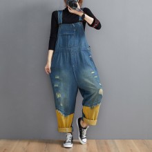 Style Denim Blue Pant Plus Size Spring Hole Jumpsuit Pants