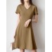 Solid A  line Short Sleeve V  neck Dress For Women