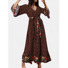 Bohemian Floral Print Belt Ruffle Sleeve Maxi Dress