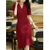 Pleated Wrap V  neck Solid Short Sleeve A  line Dress