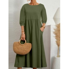 Solid Pocket 3 4 Sleeve Crew Neck Vintage Dress