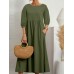 Solid Pocket 3 4 Sleeve Crew Neck Vintage Dress