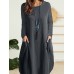 Solid Dual Pocket Long Sleeve Crew Neck Vintage Dress