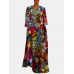 Multi  color Ethnic Print Long Sleeve Vintage Maxi Dress For Women