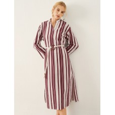 Stripe Pattern Double Slit Hem Long Sleeve Stand Collar Dress