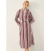 Stripe Pattern Double Slit Hem Long Sleeve Stand Collar Dress