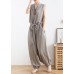 2021 lace-up waist light gray wide leg jumpsuit female summer cotton and linen jumpsuit