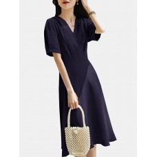 Pleated Wrap V  neck Solid Short Sleeve A  line Dress