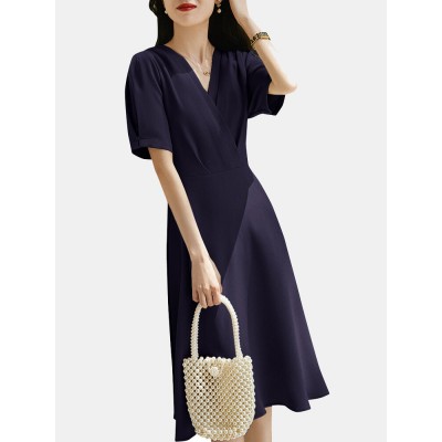 Pleated Wrap V  neck Solid Short Sleeve A  line Dress