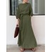 Solid Puff Sleeve Pocket Tie Crew Neck Maxi Vintage Dress