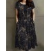 Plants Print Pocket Drawstring Waist Short Sleeve Vintage Dress