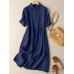 Solid Button Front Lapel Short Sleeve Women Dress