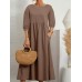 Solid Pocket 3 4 Sleeve Crew Neck Vintage Dress