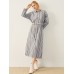 Stripe Pattern Long Sleeve Button Slit Hem Maxi Dress