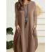 Solid Dual Pocket Long Sleeve Crew Neck Vintage Dress