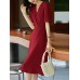 Pleated Wrap V  neck Solid Short Sleeve A  line Dress