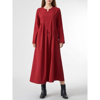 Women Solid Half Open Collar Long Sleeve Maxi Dress