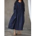 Solid Long Sleeve Crew Neck Pocket Denim Dress