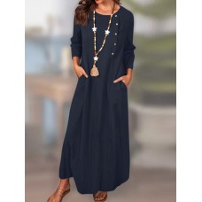 Solid Pocket 3 4 Sleeve Crew Neck Casual Dress