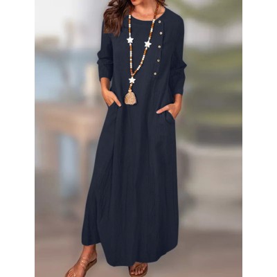 Solid Pocket 3 4 Sleeve Crew Neck Casual Dress