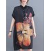 Flower Print Pocket Button Front Lapel Short Sleeve Shirt Dress