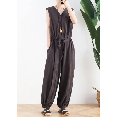 Korean version of the thin wide-leg jumpsuit female summer cotton and linen loose fashion chocolate nine points jumpsuit