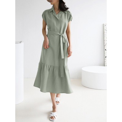 Solid Slit Pocket Lapel Short Sleeve Dress With Belt