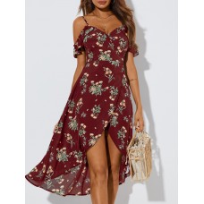 Random Floral Print Ruffle Slit Cold Shoulder Short Sleeves Dress