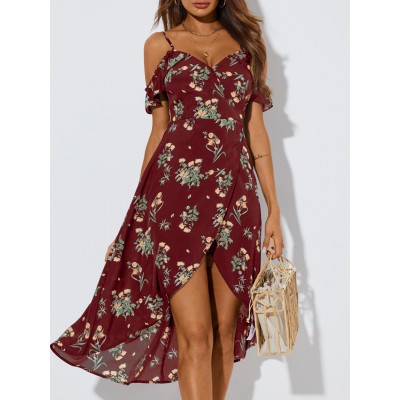 Random Floral Print Ruffle Slit Cold Shoulder Short Sleeves Dress