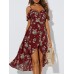 Random Floral Print Ruffle Slit Cold Shoulder Short Sleeves Dress