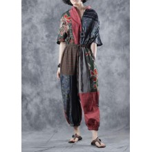 Red printed jumpsuit tie waist loose wide leg pants