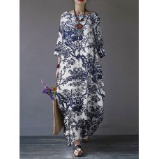 Tree Print Side Pockets O  neck 3 4 Sleeve Cotton Dress