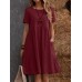 Solid Short Sleeve Pocket Crew Neck Vintage Dress